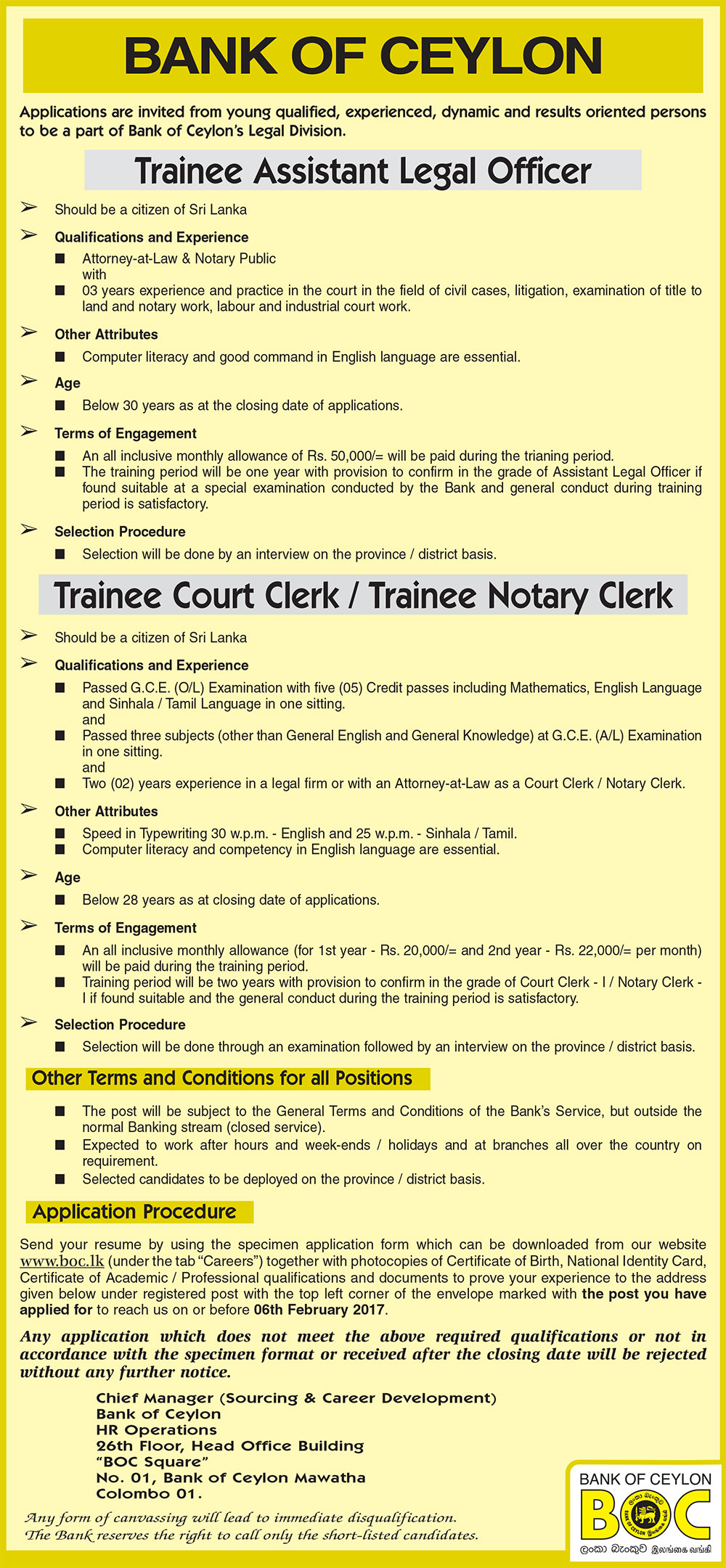 Trainee Assistant Legal Officer, Trainee Court Clerk / Trainee Notary Clerk - Bank of Ceylon 